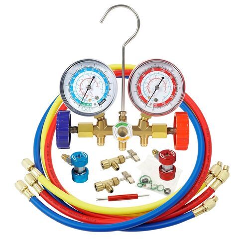 مجموعة قياس مشعب التيار المتردد 3 اتجاهات من PB Motor Tech لـ R134A، R12، R22، R502، مع وصلات سريعة، صنابير علب، خراطيم، أداة أساسية للصمام، لصيانة السيارات والمنزلية AC in Kuwait