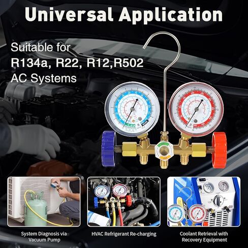 مجموعة قياس مشعب التيار المتردد 3 اتجاهات من PB Motor Tech لـ R134A، R12، R22، R502، مع وصلات سريعة، صنابير علب، خراطيم، أداة أساسية للصمام، لصيانة السيارات والمنزلية AC in Kuwait