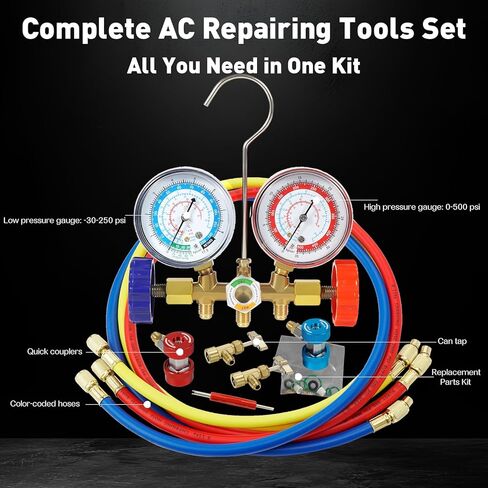 مجموعة قياس مشعب التيار المتردد 3 اتجاهات من PB Motor Tech لـ R134A، R12، R22، R502، مع وصلات سريعة، صنابير علب، خراطيم، أداة أساسية للصمام، لصيانة السيارات والمنزلية AC in Kuwait