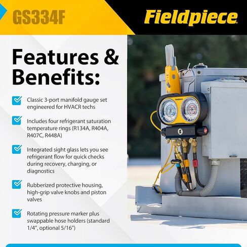 Fieldpiece GS334F 3-Port Analog Gauge Set – HVACR Refrigerant Manifold with Sight Glass, Swappable Hose Holders & High-Grip Knobs – Reliable Field Diagnostics in Kuwait
