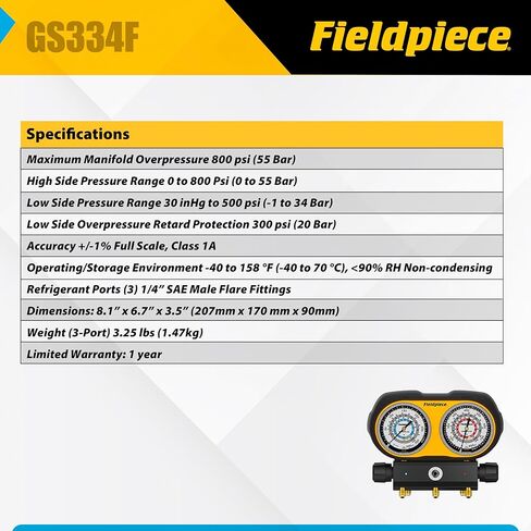 Fieldpiece GS334F 3-Port Analog Gauge Set – HVACR Refrigerant Manifold with Sight Glass, Swappable Hose Holders & High-Grip Knobs – Reliable Field Diagnostics in Kuwait