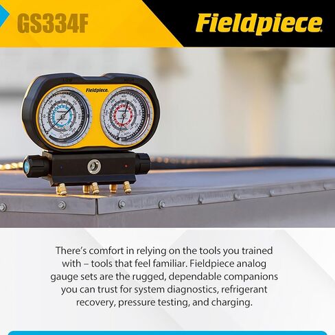 Fieldpiece GS334F 3-Port Analog Gauge Set – HVACR Refrigerant Manifold with Sight Glass, Swappable Hose Holders & High-Grip Knobs – Reliable Field Diagnostics in Kuwait