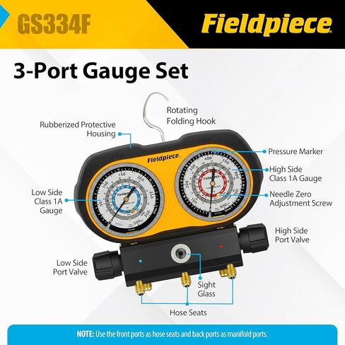 Fieldpiece GS334F 3-Port Analog Gauge Set – HVACR Refrigerant Manifold with Sight Glass, Swappable Hose Holders & High-Grip Knobs – Reliable Field Diagnostics in Kuwait