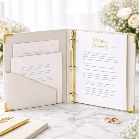 مجلد حلقات مكون من 3 حلقات من Paper 'n such Wedding Officiant Binder Linen مع ختم رقائق الذهب | سيناريو الحفل وحامل وثيقة الوعود | محفظة منظم الزواج 10.5 × 12 in Kuwait