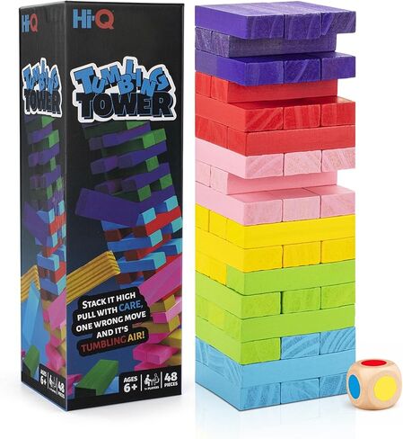 Tumbling Tower Color Stack Game, Blocks with Dice – 48-Piece Wooden Stacking Toy – Color Match Balance Tower Game for Kids & Adults, Family Party Stack Tower Game in Kuwait
