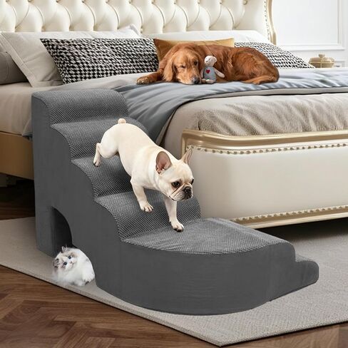 Dog Stairs for High Bed - LitaiL 29" Foam Pet Stairs for High Beds and Couch, Curved Dog Ramp Sponge Stairs Non-Slip Balanced 6 Tiers Pet Step for Small Dogs, Older Dogs, Small Animals in Saudi Arabia
