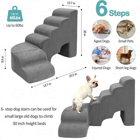 Dog Stairs for High Bed - LitaiL 29" Foam Pet Stairs for High Beds and Couch, Curved Dog Ramp Sponge Stairs Non-Slip Balanced 6 Tiers Pet Step for Small Dogs, Older Dogs, Small Animals in Saudi Arabia