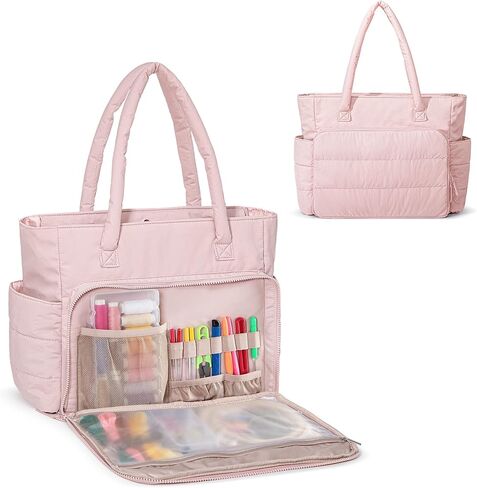 Teamoy Puffy Embroidery Bag Organizer, Cross Stitch Bag with Multiple Pockets, Embroidery Project Bags for Cross Stitch Kits, Pink in Kuwait