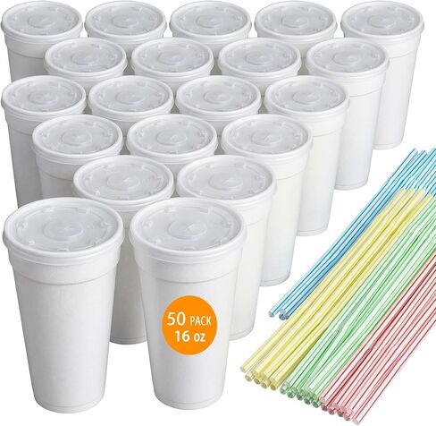 16 Oz Styrofoam Cups with Lids and Drinking Straws, Disposable White Foam Cups for Hot Cold Drink Beverage, To Go Drinking Cup for Coffee, Tea, Juice - 50Sets/150pcs in Saudi Arabia