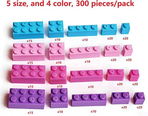 300 Piece Bulk Bricks Assortment Pack for Girls - with 5 Sizes, and 4 Color, Compatible with Lego Parts in Kuwait