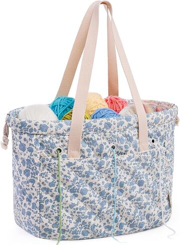 MYBAGZING Portable Crochet Bag Organizer with Crochet Hook Organizer Roll, Quilted Yarn Storage Tote with Grommets, Knitting Project Bag for Yarn & Accessories, Floral Craft Tote Gift for Crocheters in Saudi Arabia