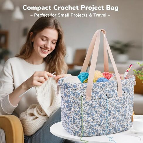 MYBAGZING Portable Crochet Bag Organizer with Crochet Hook Organizer Roll, Quilted Yarn Storage Tote with Grommets, Knitting Project Bag for Yarn & Accessories, Floral Craft Tote Gift for Crocheters in Saudi Arabia
