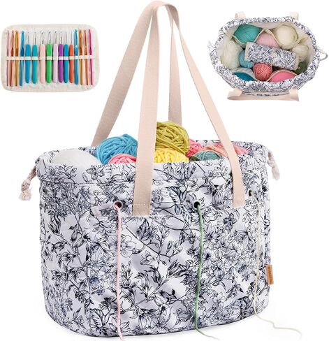 MYBAGZING Portable Crochet Bag Organizer with Crochet Hook Organizer Roll, Quilted Yarn Storage Tote with Grommets, Knitting Project Bag for Yarn & Accessories, Floral Craft Tote Gift for Crocheters in Saudi Arabia