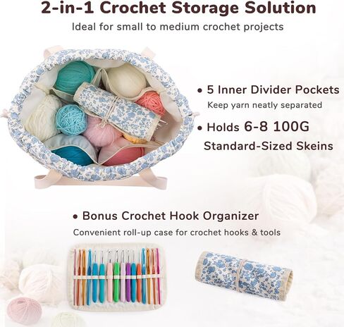 MYBAGZING Portable Crochet Bag Organizer with Crochet Hook Organizer Roll, Quilted Yarn Storage Tote with Grommets, Knitting Project Bag for Yarn & Accessories, Floral Craft Tote Gift for Crocheters in Saudi Arabia