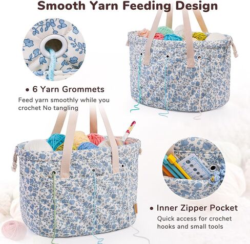 MYBAGZING Portable Crochet Bag Organizer with Crochet Hook Organizer Roll, Quilted Yarn Storage Tote with Grommets, Knitting Project Bag for Yarn & Accessories, Floral Craft Tote Gift for Crocheters in Saudi Arabia