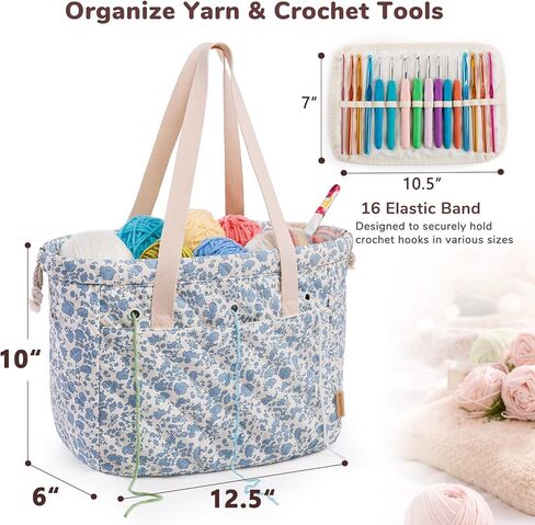 MYBAGZING Portable Crochet Bag Organizer with Crochet Hook Organizer Roll, Quilted Yarn Storage Tote with Grommets, Knitting Project Bag for Yarn & Accessories, Floral Craft Tote Gift for Crocheters in Saudi Arabia