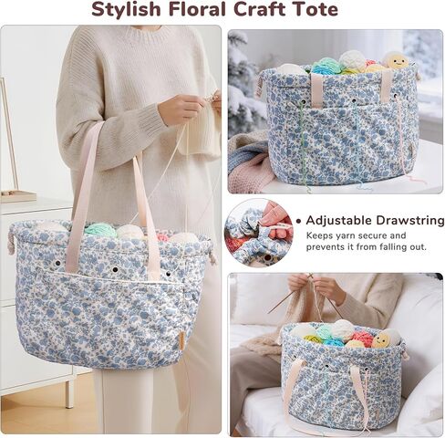 MYBAGZING Portable Crochet Bag Organizer with Crochet Hook Organizer Roll, Quilted Yarn Storage Tote with Grommets, Knitting Project Bag for Yarn & Accessories, Floral Craft Tote Gift for Crocheters in Saudi Arabia