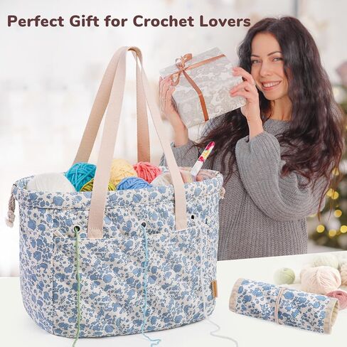 MYBAGZING Portable Crochet Bag Organizer with Crochet Hook Organizer Roll, Quilted Yarn Storage Tote with Grommets, Knitting Project Bag for Yarn & Accessories, Floral Craft Tote Gift for Crocheters in Saudi Arabia