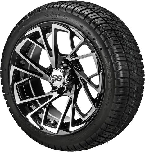 RM Cart 14" Stinger Black/Machined on a 205/30-14 Deli Tires (Set of 4) | Golf Cart Tires and Wheels Combo with Standard Lug Nuts in Saudi Arabia