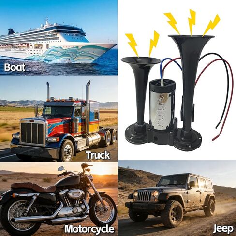 12V 600DB Upgraded Air Horn Dual Trumpets,Super Loud Air Horn for Truck, Dual Electric Air Horns Kit for Vehicles- With Compressor, Suitable for 12v Cars,SUV,Motorcycles, Trains,Pickups,Boats in Kuwait