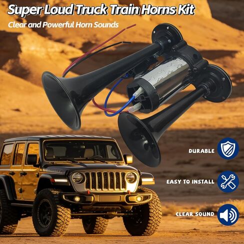 12V 600DB Upgraded Air Horn Dual Trumpets,Super Loud Air Horn for Truck, Dual Electric Air Horns Kit for Vehicles- With Compressor, Suitable for 12v Cars,SUV,Motorcycles, Trains,Pickups,Boats in Kuwait