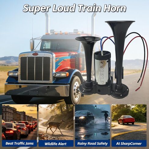 12V 600DB Upgraded Air Horn Dual Trumpets,Super Loud Air Horn for Truck, Dual Electric Air Horns Kit for Vehicles- With Compressor, Suitable for 12v Cars,SUV,Motorcycles, Trains,Pickups,Boats in Kuwait