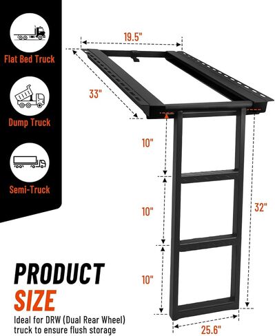 3-Rung Retractable Truck Bed Ladder - Heavy Duty Steel Truck Bed Step for Flatbeds, Dump Trucks & Trailers - Black Powder Coated, 32.5-Inch Extension, Bolt/Weld-On in Kuwait