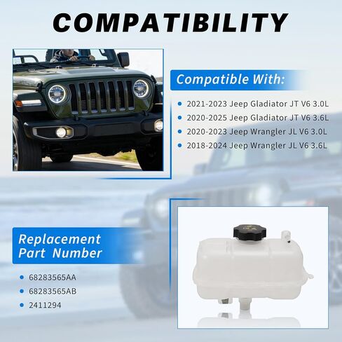 68283565AA Engine Coolant Overflow Recovery Reservoir Tank Radiator Expansion Bottle,Compitable with 2020-2025 JT Gladiator, 2018-2024 Jeep JL Wrangler 3.0L 3.6L, Replace 68283565AB, with Cap in Kuwait