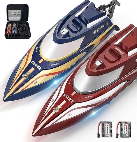 BEZGAR RC Boat - 2 Packs 12 inch Fast Speed Remote Control Boat with Suitcase for Pool/Lake/Ocean/Saltwater Use, Auto-Flip & 8-Shape Demo Summer Toy for Kids 8+ & Adults - Red&Blue TX2P2 in Kuwait