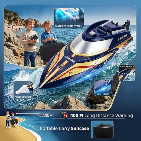 BEZGAR RC Boat - 2 Packs 12 inch Fast Speed Remote Control Boat with Suitcase for Pool/Lake/Ocean/Saltwater Use, Auto-Flip & 8-Shape Demo Summer Toy for Kids 8+ & Adults - Red&Blue TX2P2 in Kuwait