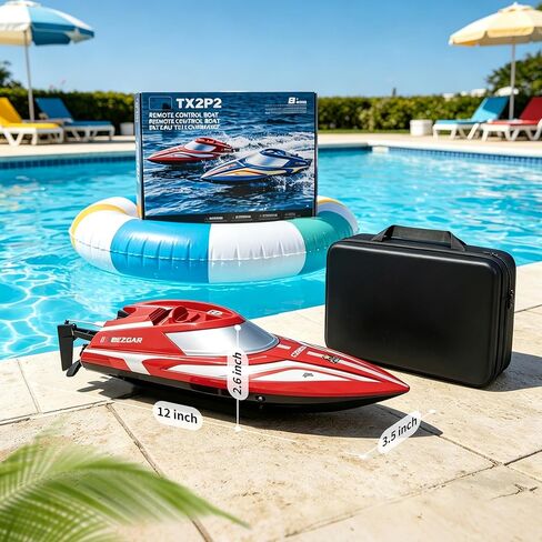 BEZGAR RC Boat - 2 Packs 12 inch Fast Speed Remote Control Boat with Suitcase for Pool/Lake/Ocean/Saltwater Use, Auto-Flip & 8-Shape Demo Summer Toy for Kids 8+ & Adults - Red&Blue TX2P2 in Kuwait
