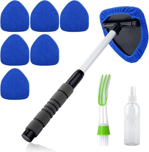 9PCS Windshield Cleaner Tool Kit,Car Window Cleaner with Extendable Handle&6 Reusable Microfiber Pads&Brush&Spray Bottle,Car Interior&Exterior Window Cleaning Tool,Glass Wiper Brush Kit for Car Home in Kuwait
