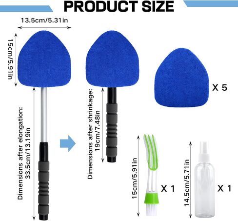 9PCS Windshield Cleaner Tool Kit,Car Window Cleaner with Extendable Handle&6 Reusable Microfiber Pads&Brush&Spray Bottle,Car Interior&Exterior Window Cleaning Tool,Glass Wiper Brush Kit for Car Home in Kuwait