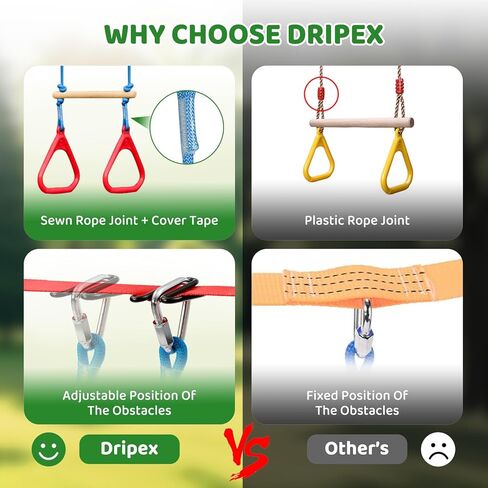 مسار عقبة Dripex Ninja Warrior للأطفال Ninja Slackline مع معظم الملحقات الكاملة - خطافات M معززة وأبازيم أمان مثلثة لحزام مسطح عريض - تصميم لا يسبب التمزق، إعداد سريع in Kuwait