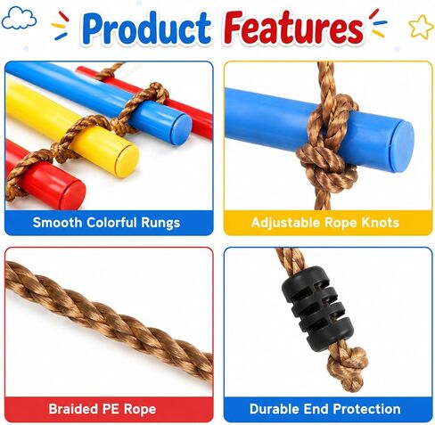 6.5FT Kids Rope Ladder, 6-Rung Climbing Ladder for Treehouse, Swing Set & Backyard Playground, Colorful Outdoor Playset Accessory with Hanging Strap & Safety Buckle, 220 lb Capacity in Kuwait