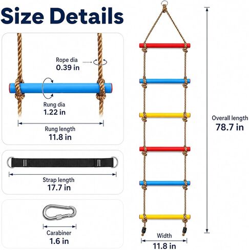 6.5FT Kids Rope Ladder, 6-Rung Climbing Ladder for Treehouse, Swing Set & Backyard Playground, Colorful Outdoor Playset Accessory with Hanging Strap & Safety Buckle, 220 lb Capacity in Kuwait