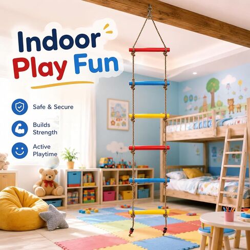 6.5FT Kids Rope Ladder, 6-Rung Climbing Ladder for Treehouse, Swing Set & Backyard Playground, Colorful Outdoor Playset Accessory with Hanging Strap & Safety Buckle, 220 lb Capacity in Kuwait