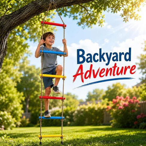 6.5FT Kids Rope Ladder, 6-Rung Climbing Ladder for Treehouse, Swing Set & Backyard Playground, Colorful Outdoor Playset Accessory with Hanging Strap & Safety Buckle, 220 lb Capacity in Kuwait
