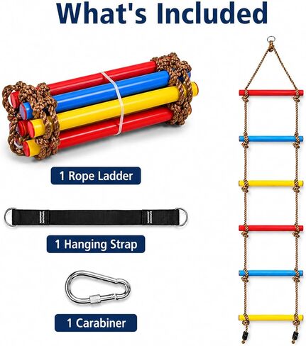 6.5FT Kids Rope Ladder, 6-Rung Climbing Ladder for Treehouse, Swing Set & Backyard Playground, Colorful Outdoor Playset Accessory with Hanging Strap & Safety Buckle, 220 lb Capacity in Kuwait
