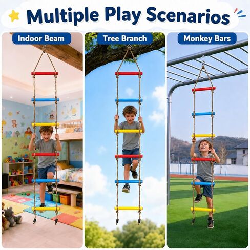 6.5FT Kids Rope Ladder, 6-Rung Climbing Ladder for Treehouse, Swing Set & Backyard Playground, Colorful Outdoor Playset Accessory with Hanging Strap & Safety Buckle, 220 lb Capacity in Kuwait