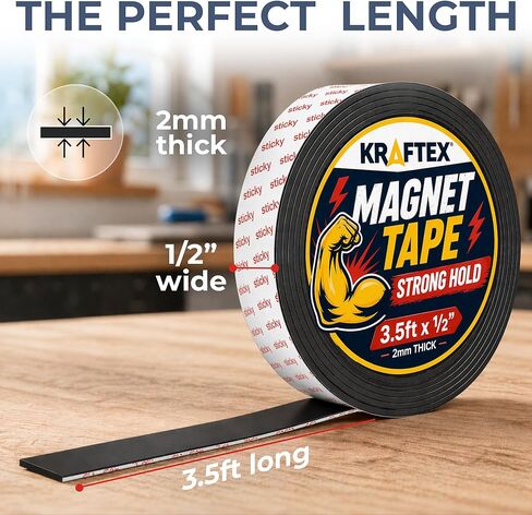 Kraftex Magnetic Tape: 3.5ft x 1/2" Magnetic Strips with Adhesive Backing. Sticky, Flat Magnets for Crafts, Magnet Labels & Stickers. Magnets with Adhesive Backing Great for Home, School and Office in Kuwait