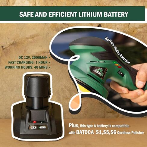 BATOCA - Cordless Car Buffer Polisher - 1pcs 2.0Ah 12V Lithium-ion Rechargeable Battery Powered Brushless Polisher with 6 Variable Speed, DA Orbital Buffer for Car Detailing, Polishing, Waxing in Kuwait