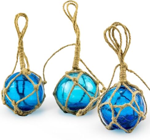 Japanese Glass Fishing Floats Ball - 3" Aqua Cobalt and White (3 Pack) - Glass Buoys With Rope - Japanese Glass Floats - Fishing Float Glass Float Balls - Glass Ball Float Decor - Nautical Glass Balls in Saudi Arabia