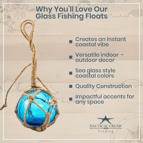 Japanese Glass Fishing Floats Ball - 3" Aqua Cobalt and White (3 Pack) - Glass Buoys With Rope - Japanese Glass Floats - Fishing Float Glass Float Balls - Glass Ball Float Decor - Nautical Glass Balls in Saudi Arabia