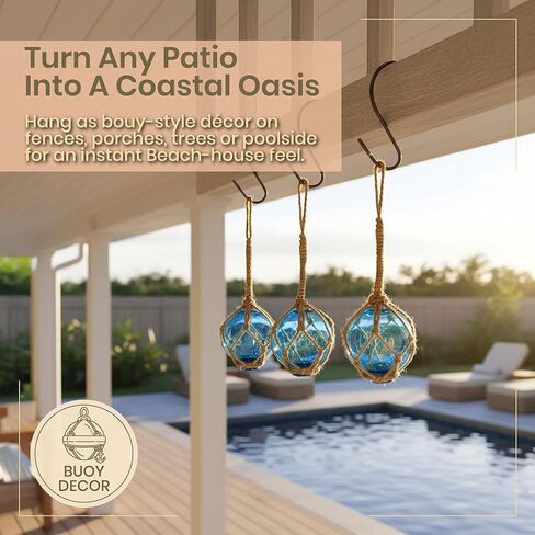 Japanese Glass Fishing Floats Ball - 3" Aqua Cobalt and White (3 Pack) - Glass Buoys With Rope - Japanese Glass Floats - Fishing Float Glass Float Balls - Glass Ball Float Decor - Nautical Glass Balls in Saudi Arabia