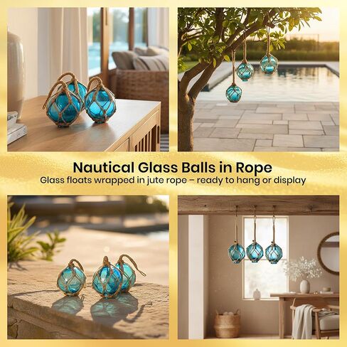 Japanese Glass Fishing Floats Ball - 3" Aqua Cobalt and White (3 Pack) - Glass Buoys With Rope - Japanese Glass Floats - Fishing Float Glass Float Balls - Glass Ball Float Decor - Nautical Glass Balls in Saudi Arabia