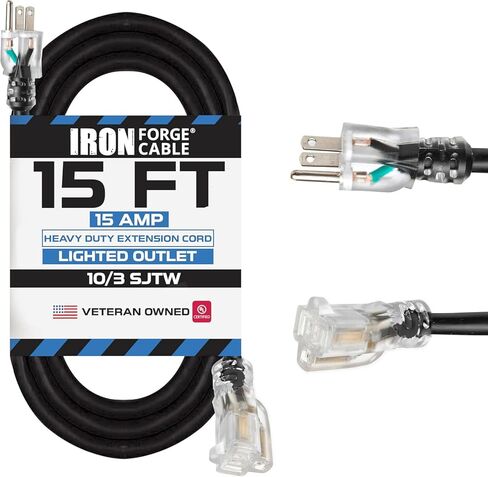 IRON FORGE CABLE سلك تمديد خارجي 50 قدمًا - سلك تمديد 10 قياس 15 أمبير، 10/3 كابل تمديد شديد التحمل SJTW سلك تمديد طاقة أصفر مقاوم للطقس مع نهاية مضاءة 3 شقوق - 125 فولت 1875 وات in Saudi Arabia