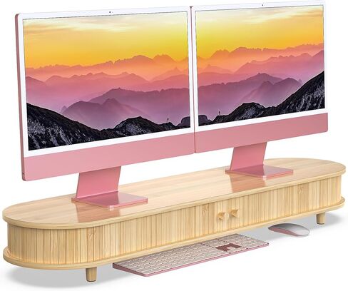 Bamboo Dual Monitor Stand with Storage, Curved Double Computer Laptop Stand Desk Shelf Organizer with Sliding Doors (42 inch) in Kuwait