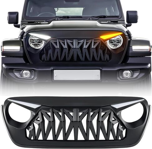 Front Grill Compatible with 2018-2026 Jeep Wrangler JL JLU & 2020+ Gladiator JT, Shark Grille w/DRL and Turn Signal Lights, Matte Black in Kuwait
