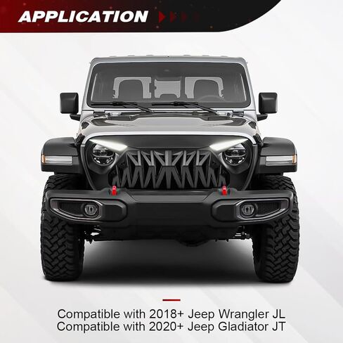 Front Grill Compatible with 2018-2026 Jeep Wrangler JL JLU & 2020+ Gladiator JT, Shark Grille w/DRL and Turn Signal Lights, Matte Black in Kuwait